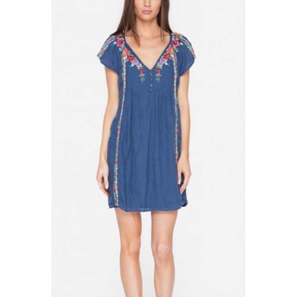 Johnny Was 3J Workshop Natalya Cap Sleeve Pintuck Dress Sz M Navy Lined